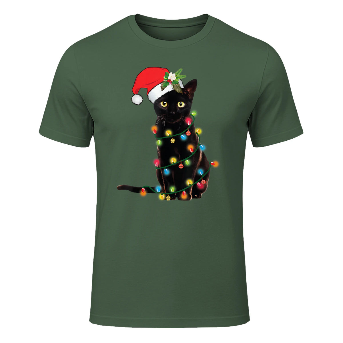 Santa Black Cat Tangled Up In Christmas Tree Lights Holiday in Military Green - front view