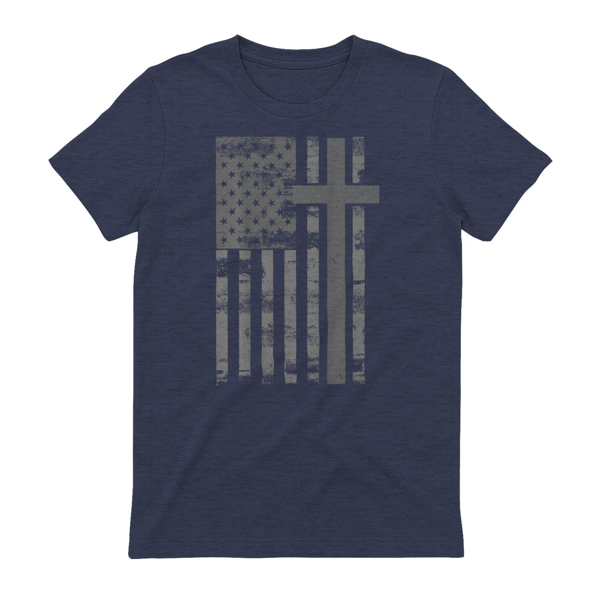 (Art) American Flag Christian Faith Cross Patriotic T-Shirt in Heather Navy - back view