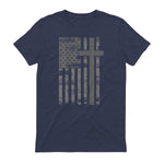 (Art) American Flag Christian Faith Cross Patriotic T-Shirt in Heather Navy - back view