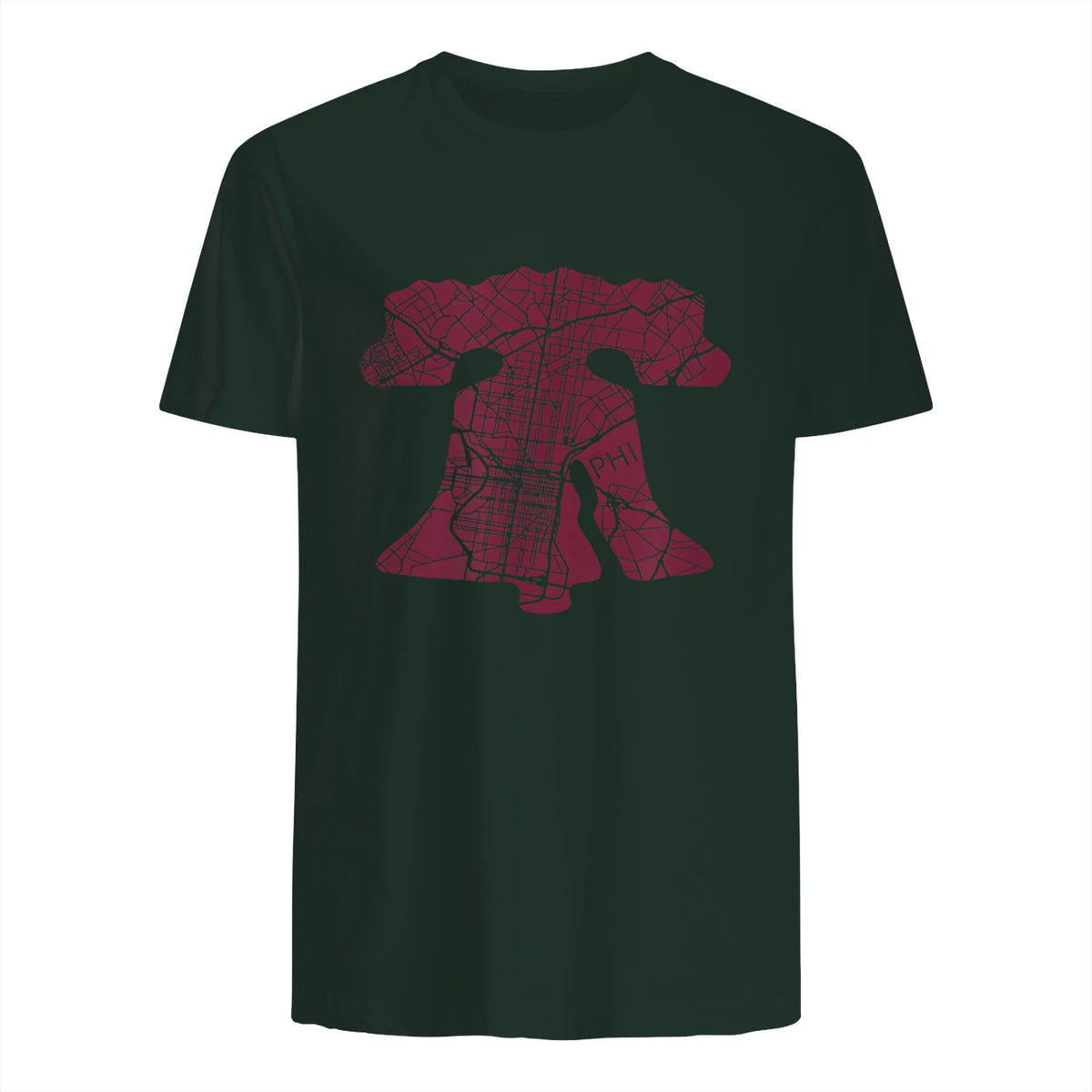 Philadelphia Street Map Liberty Bell Vintage Maroon Philly T-Shirt in Forest Green - back view