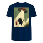 Vintage Japanische Katze Alien Cat Dad UFO Abduktion Graphic Tee T-Shirt in Navy - back view