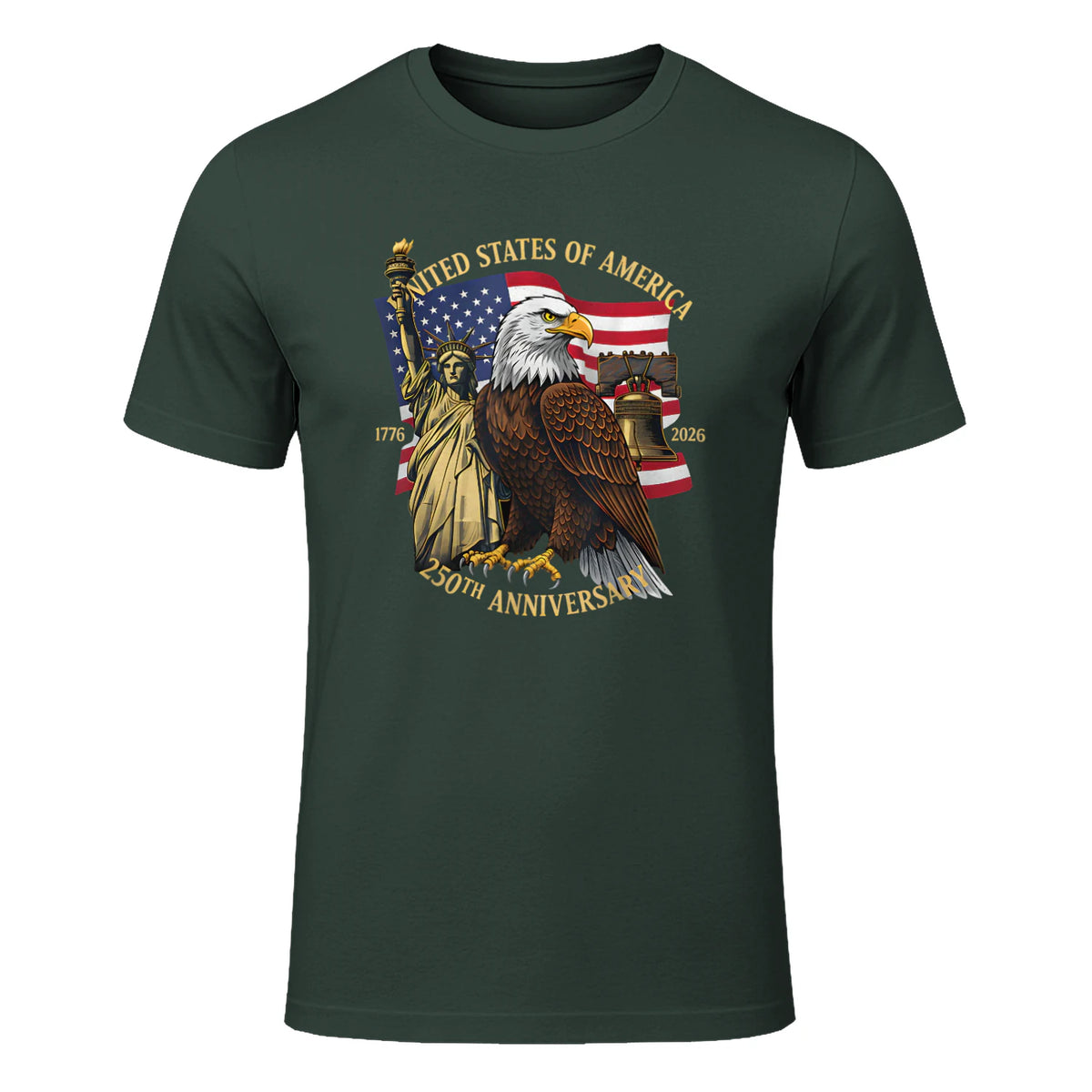 Patriotic Eagle Liberty Bell Anniversary T-Shirt in Forest Green - front view