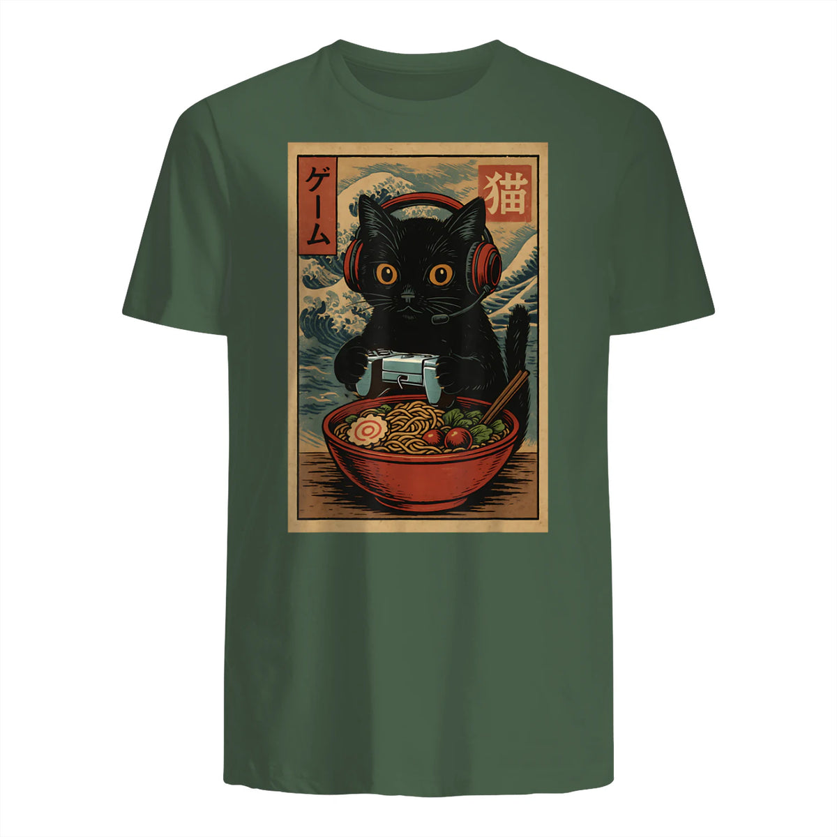 Cute Kawaii Gamer Cat Funny Ramen Retro Japanese Cat Gaming T-Shirt in Military Green - back view