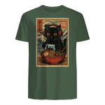 Cute Kawaii Gamer Cat Funny Ramen Retro Japanese Cat Gaming T-Shirt in Military Green - back view