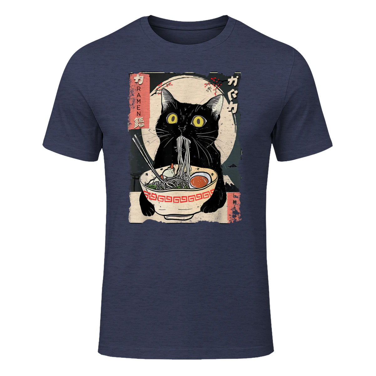 Kawaii Cat Eating Ramen Noodles Funny Anime Gift Girls Teens T-Shirt in Heather Navy - front view
