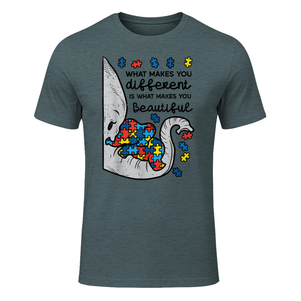 What Makes You Different Autism Awareness T-Shirt in Dark Heather - front view
