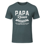 Papa Knows Everything Funny Father's Day Gift T-Shirt in Dark Heather - front view