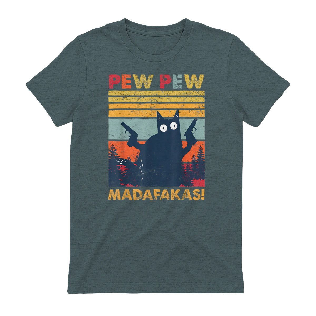 Pew Pew Madafakas Vintage verrückte Katze lustige Grafik in Dark Heather - back view