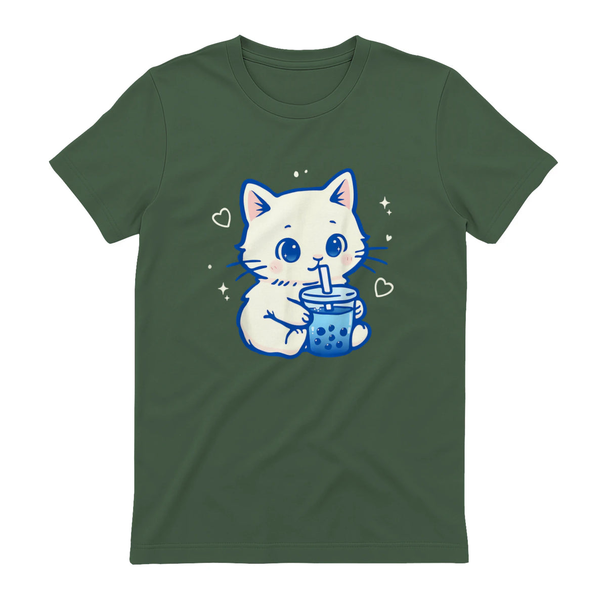 Kawaii Cat Boba Japanese Cute Aesthetic Anime Girls Teens T-Shirt in Military Green - back view