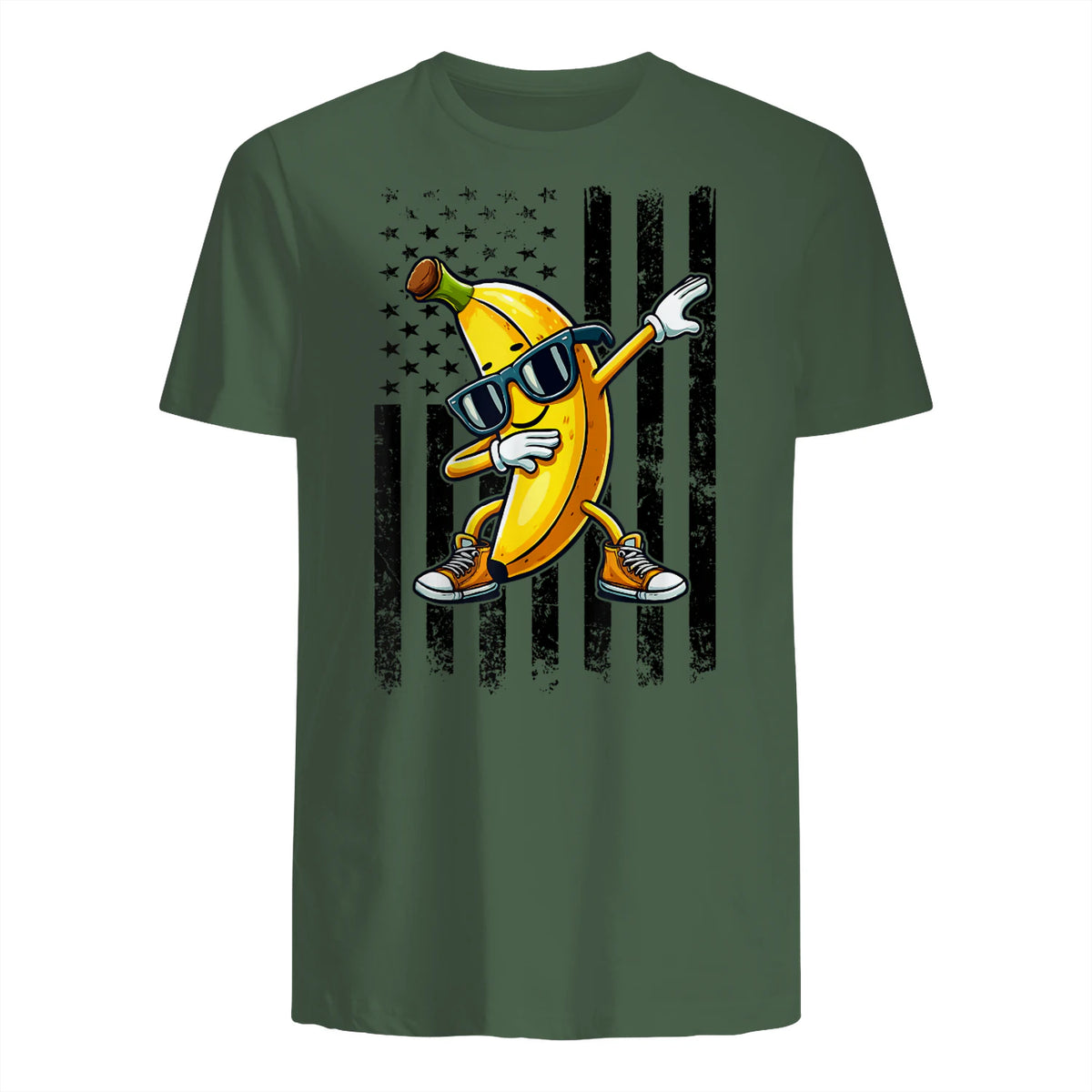 Dabbing Banana Retro American Flag Banana Lover Boys Kids T-Shirt in Military Green - back view