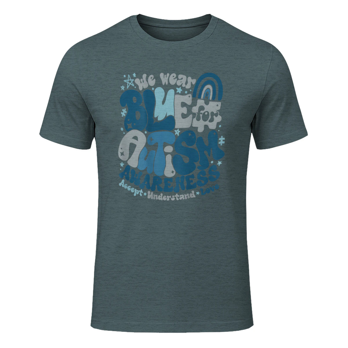 In April We Wear Blue Autism Awareness T-Shirt in Dark Heather - front view
