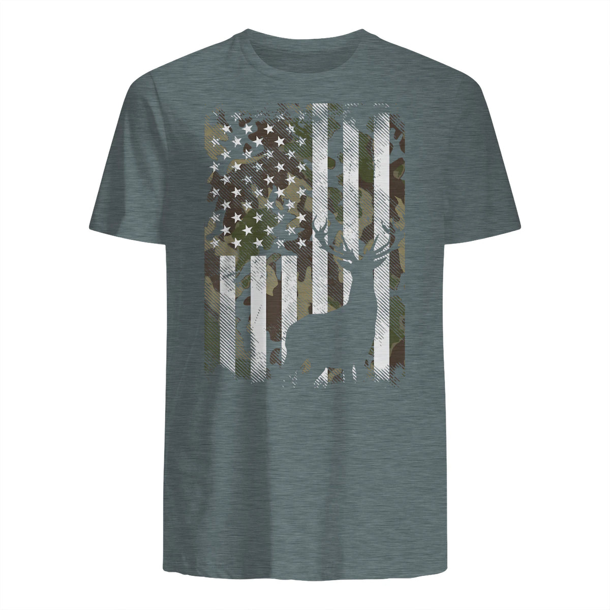 Camo US Flag Deer Elk Buck Camoflage Hunting Hunter Dad Gift Short Sleeve in Dark Heather - back view