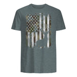Camo US Flag Deer Elk Buck Camoflage Hunting Hunter Dad Gift Short Sleeve in Dark Heather - back view