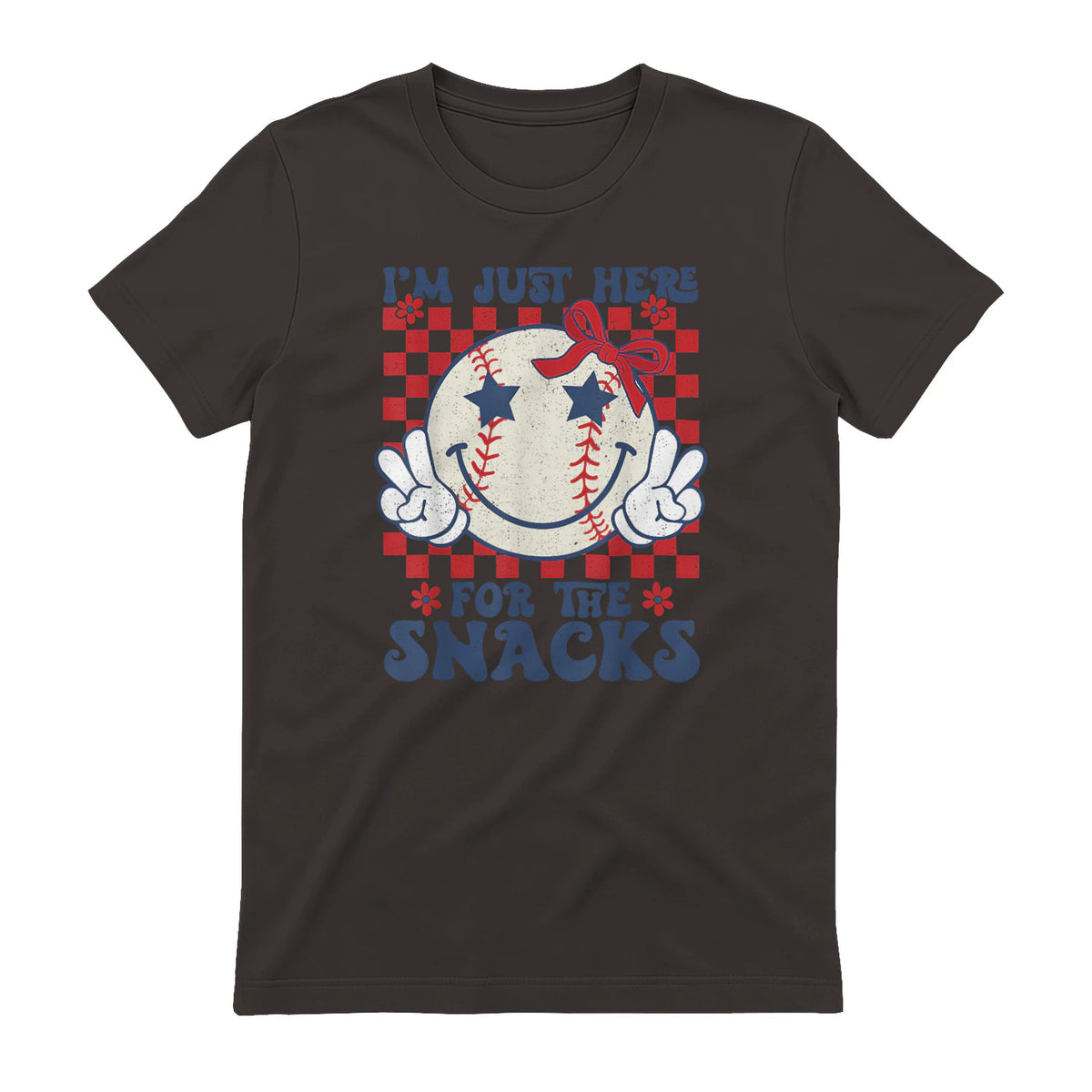 Retro Baseball Sister I'm Just Here for The Snacks Girls Mom T-Shirt in Dark Chocolate - back view