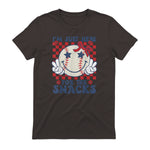 Retro Baseball Sister I'm Just Here for The Snacks Girls Mom T-Shirt in Dark Chocolate - back view