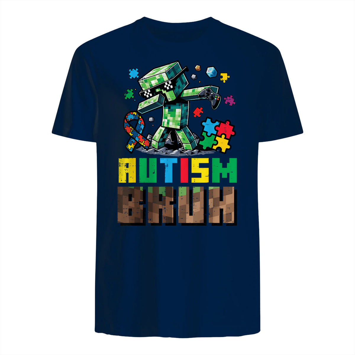 Autism Bruh Dab ASD Awareness Gamer Boys Kids Youth in Navy - back view
