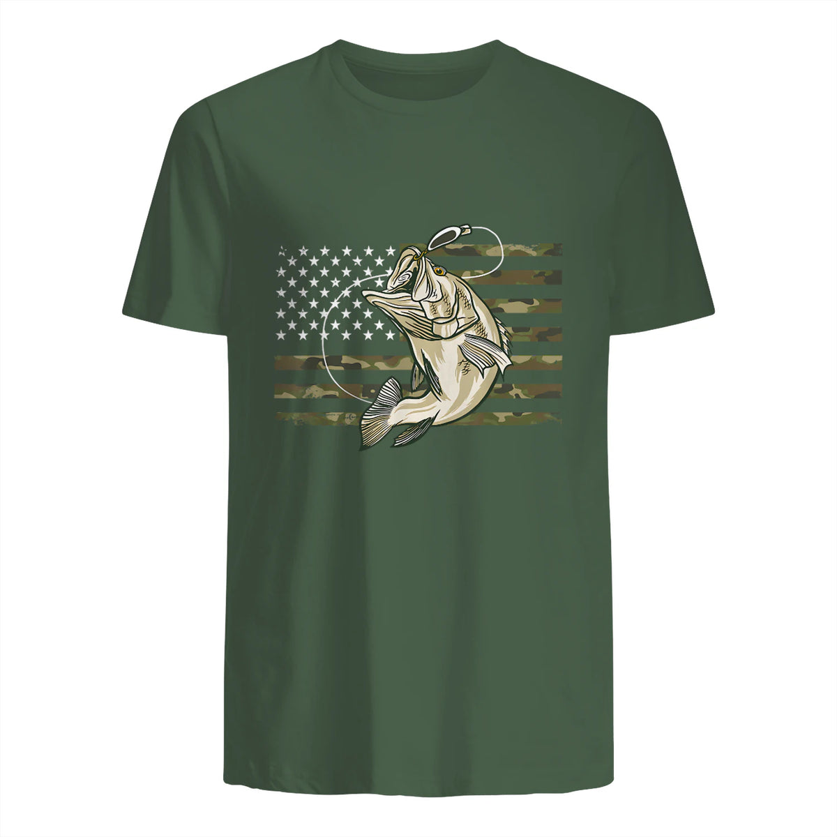 Fishing Camouflage US American Flag Bass Fish Fisherman Camo T-Shirt in Military Green - back view