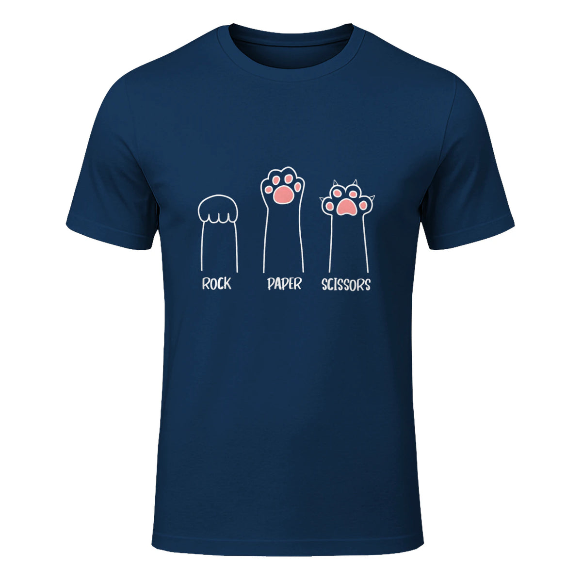 Introvert Cat Animal Rescue Pet Lover Apparel Rock Paper Scissors Hand Game Cute Paw Funny Cat T-Shirt in Navy - front view