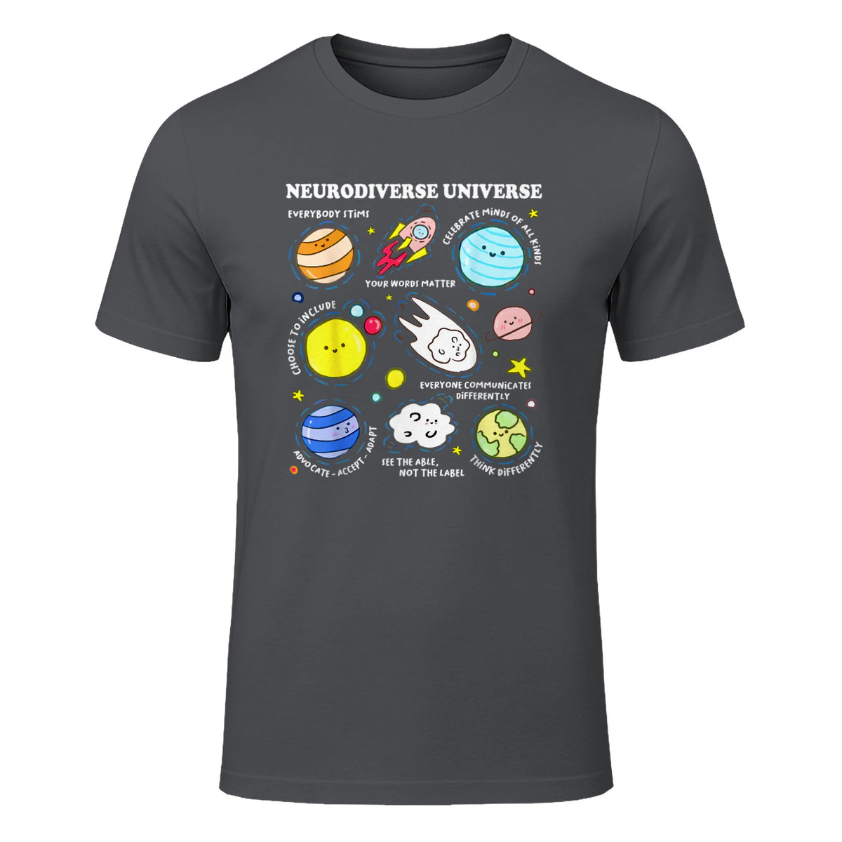 Kids Autism Awareness Neurodiverse Universe Neurodiversity in Charcoal - front view