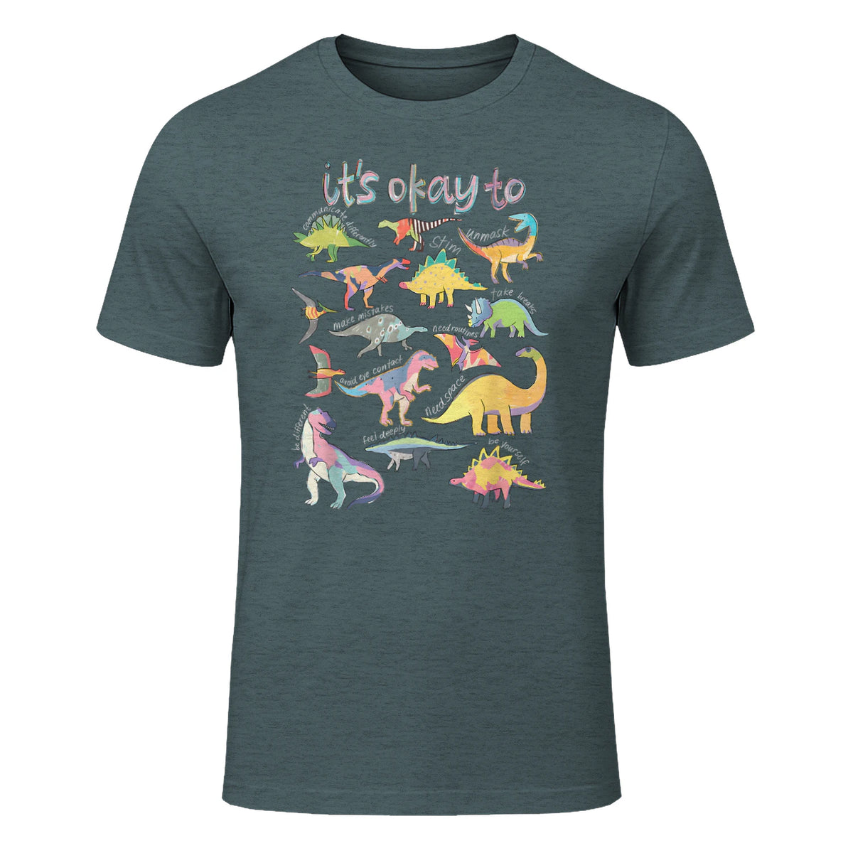 Autism Awareness It's Okay to Be Different Funny Dinosaur in Dark Heather - front view