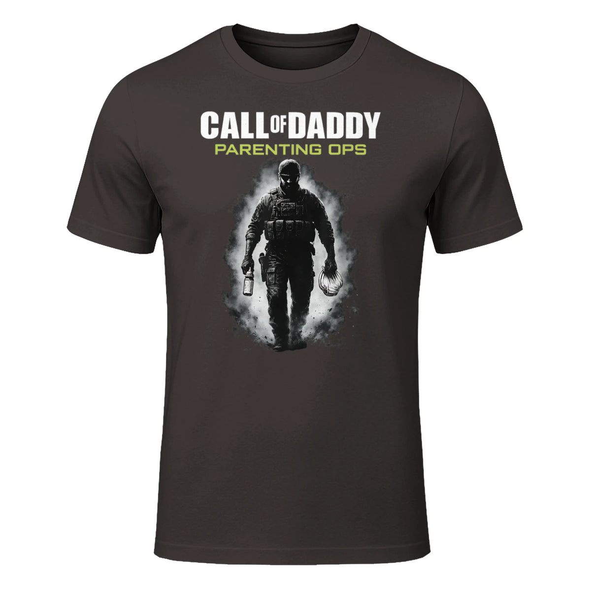Call of Daddy Parenting Ops – Vatertag Great Dad Joke T-Shirt in Dark Chocolate - front view