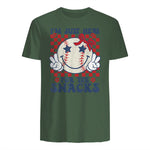 Retro Baseball Sister I'm Just Here for The Snacks Girls Mom T-Shirt in Military Green - back view