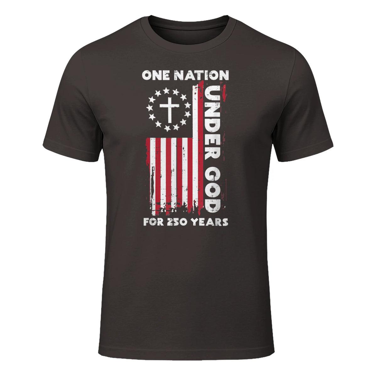 Christian American Flag Anniversary T-Shirt in Dark Chocolate - front view