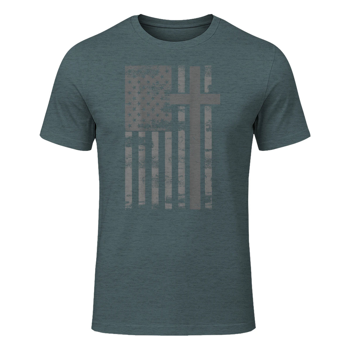 (Art) American Flag Christian Faith Cross Patriotic T-Shirt in Dark Heather - front view
