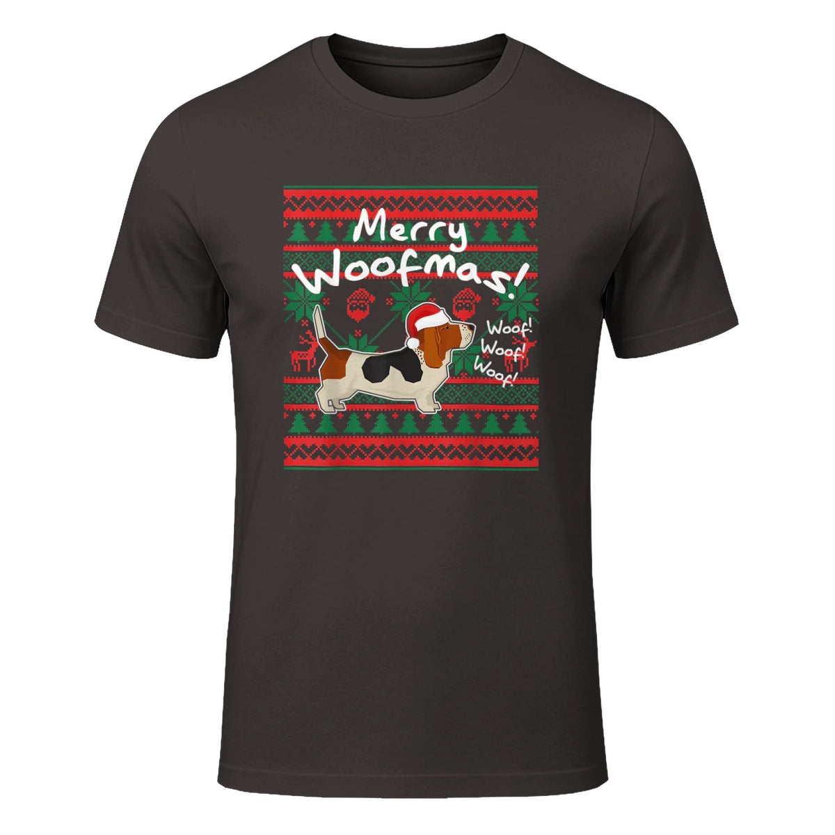 Basset Hound Chemise de Noël Merry Woofmas Père Noël Chien in Dark Chocolate - front view