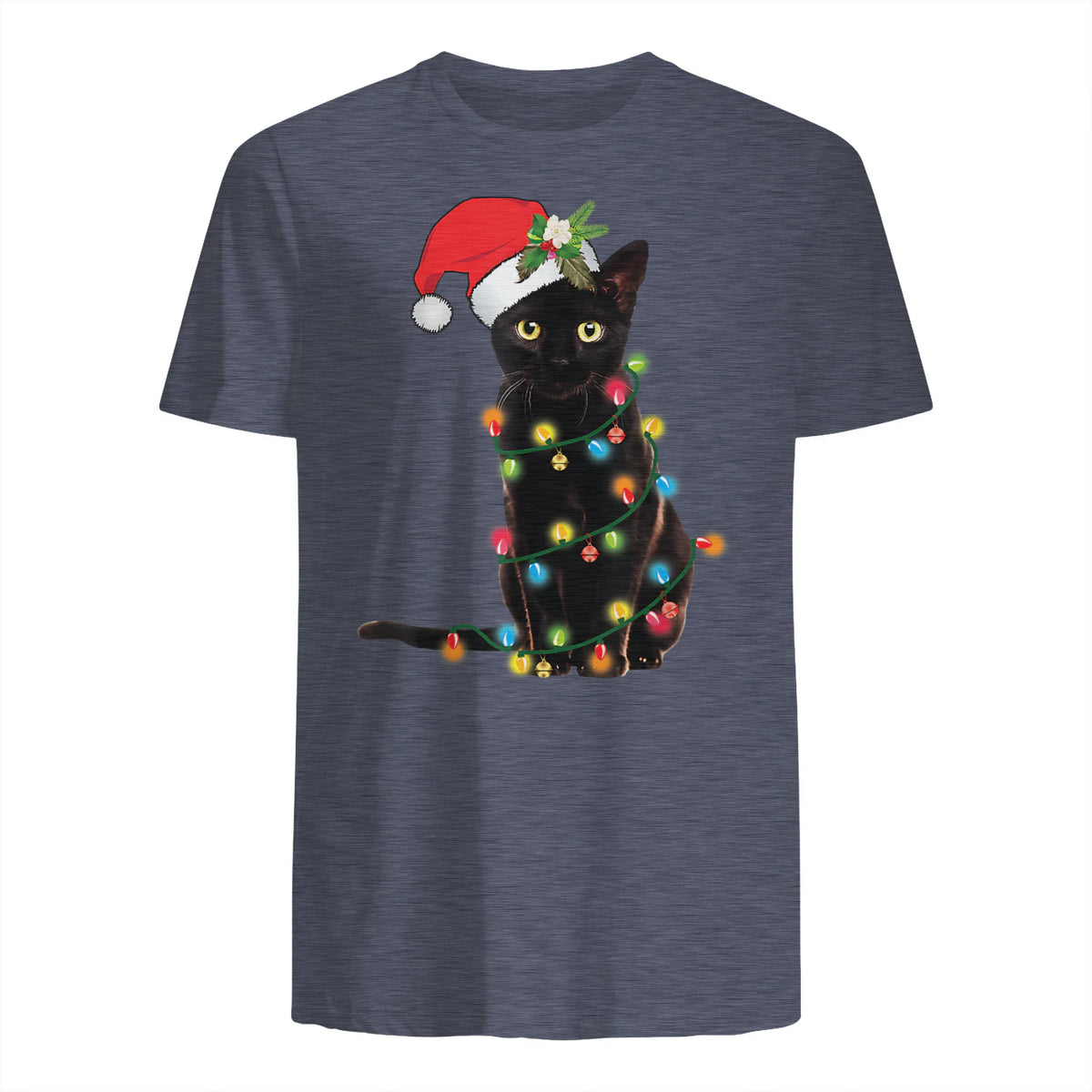 Santa Black Cat Tangled Up In Christmas Tree Lights Holiday in Heather Navy - back view