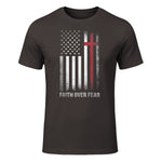 Christian US USA Flag American Christ Faith Over Fear Cross T-Shirt in Dark Chocolate - front view