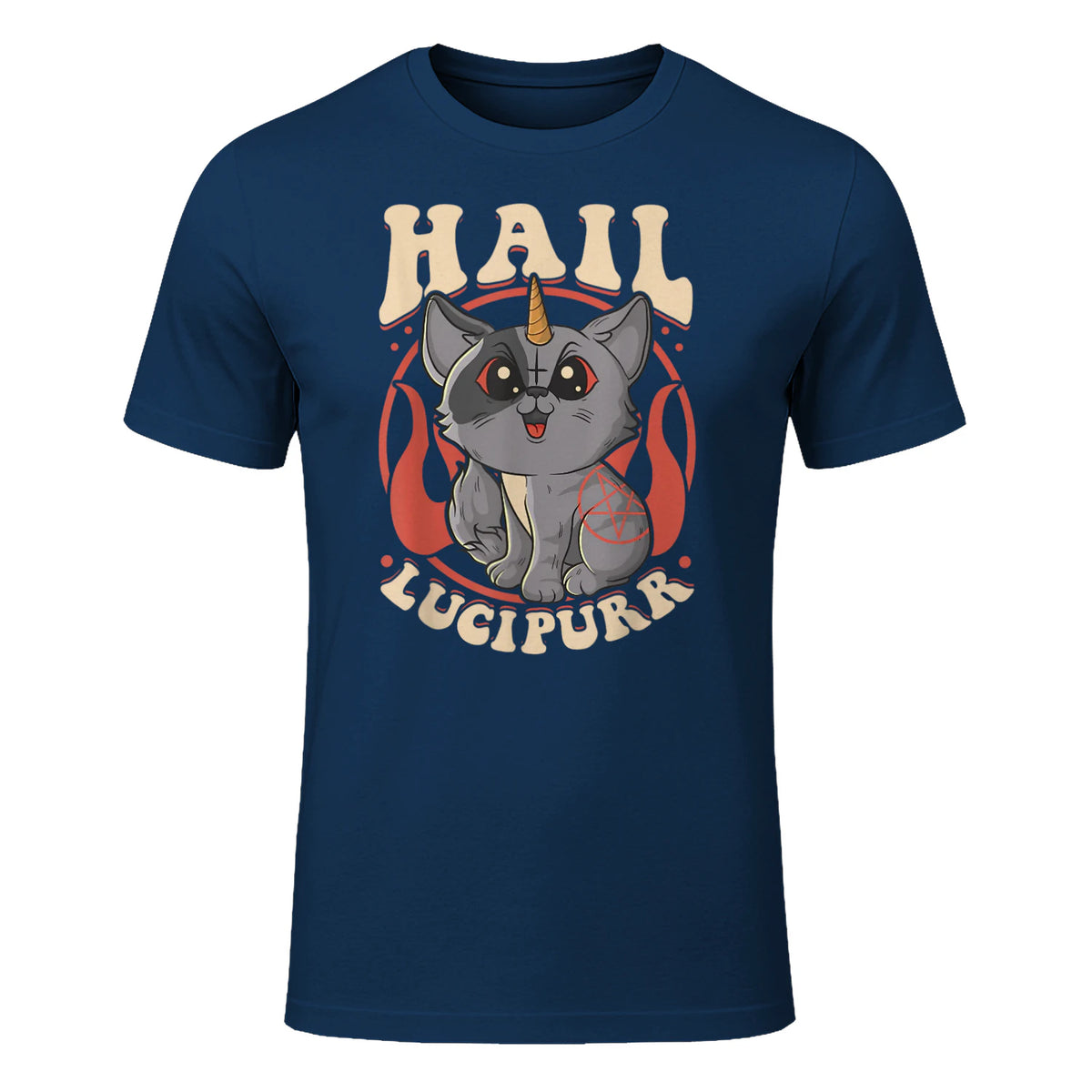 Cute & Funny Satanic Hail Lucipurr Rainbow Kitty Goth in Navy - front view