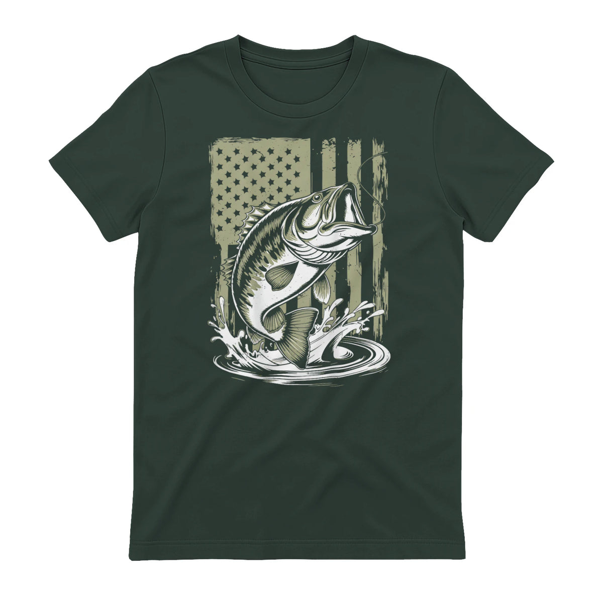 Fishing Camo Bass Fish American Flag Men's Fisherman Gift T-Shirt in Forest Green - back view
