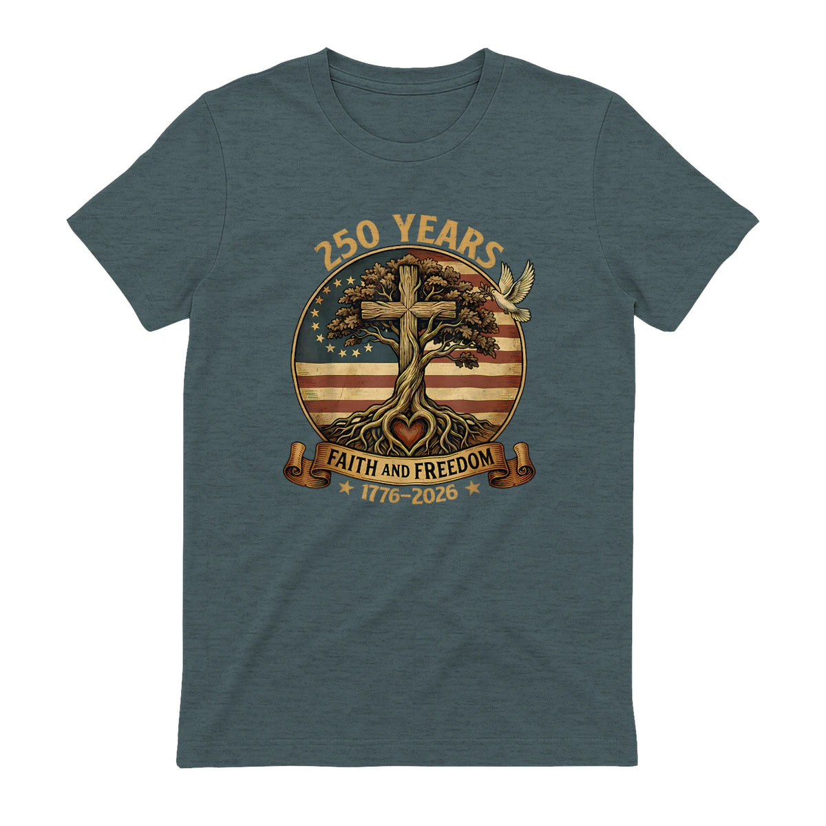 Faith and Freedom Christian USA Anniversary T-Shirt in Dark Heather - back view