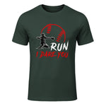 Run Steal I Dare You Humor Baseball Catcher Vintage T-Shirt in Forest Green - front view