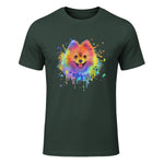 Colorful Splash Art Poméranie Portrait Pom Puppy Owner in Forest Green - front view