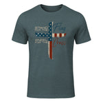 USA Flag Religious Quote Fourth of July Christian Faith T-Shirt in Dark Heather - front view