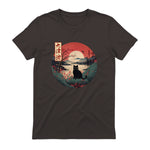 Japanese Red Sunset and Black cat Kanji Japan art T-Shirt in Dark Chocolate - back view