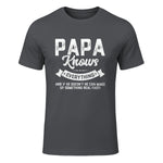 Papa Knows Everything Funny Father's Day Gift T-Shirt in Charcoal - front view