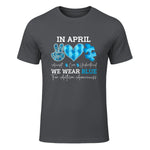 In April We Wear Blue Autism Awareness T-Shirt in Charcoal - front view