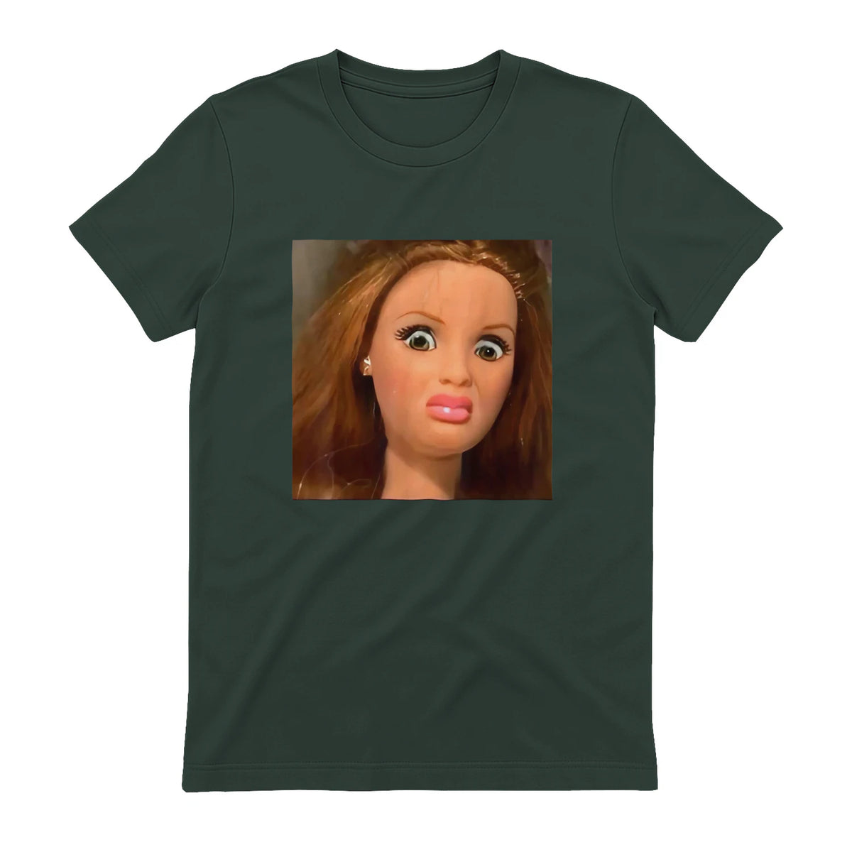 Funny Doll Face Meme Expression Hilarious Sarcastic in Forest Green - back view