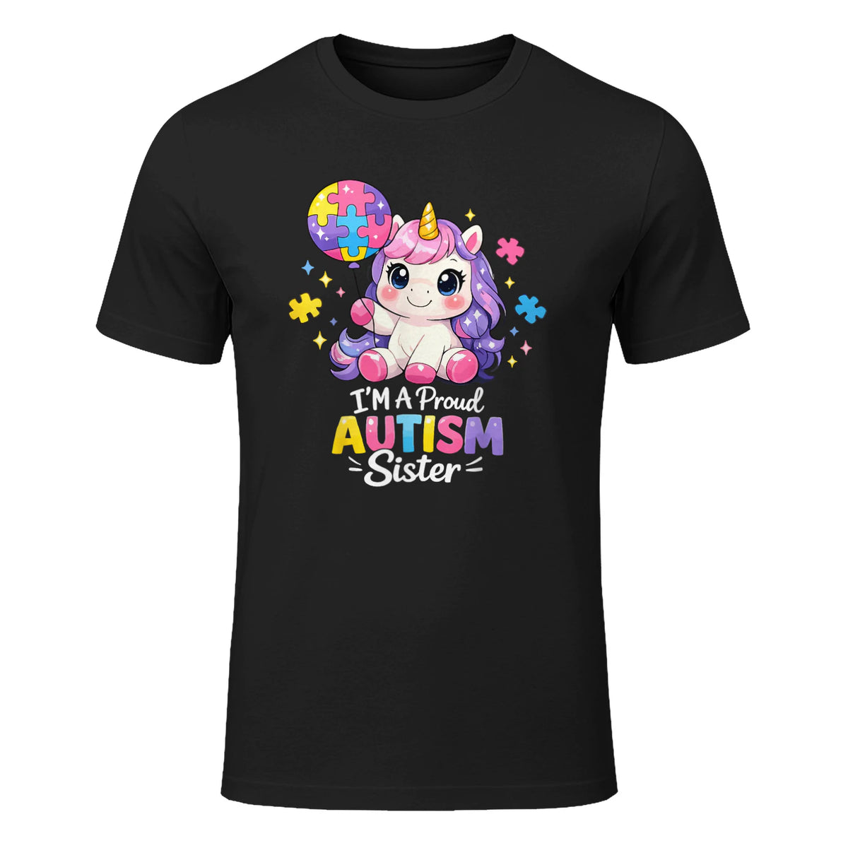 Proud Sister Autism Awareness Cute Unicorn Puzzle Girls in Black - front view