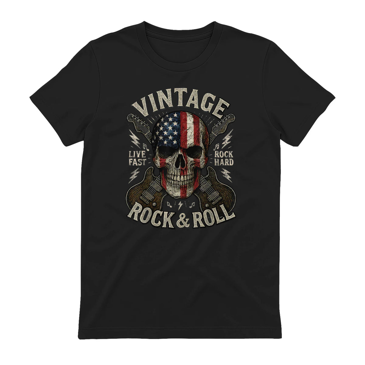 Vintage Rock Skull American Flag Guitar Retro Rock and Roll T-Shirt in Black - back view