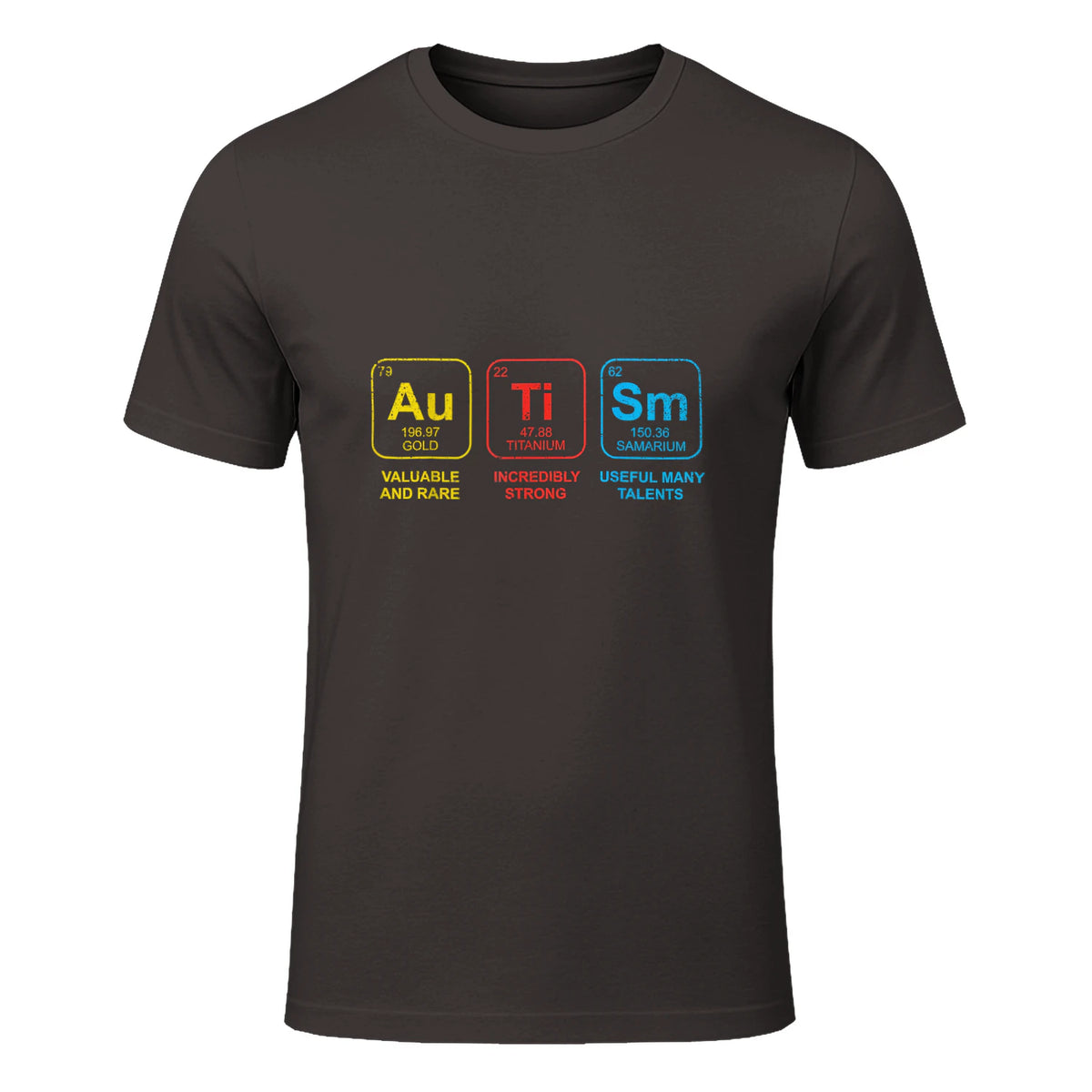 Autism Awareness Periodic Table ASD T-Shirt in Dark Chocolate - front view
