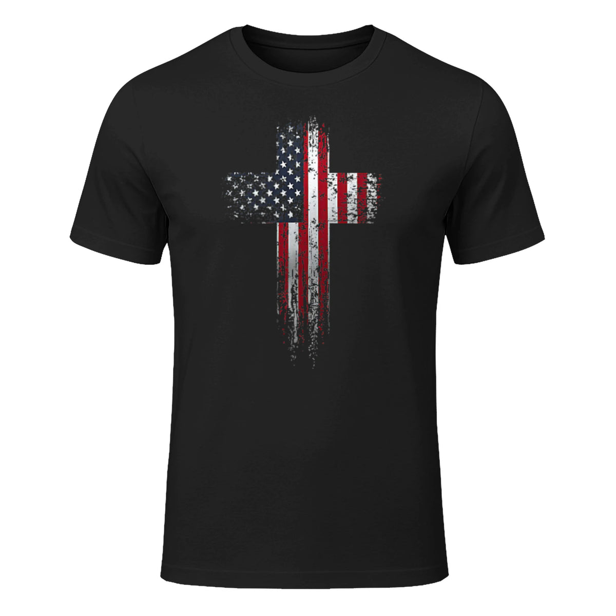 American USA Flag Christian Cross T-Shirt in Black - front view