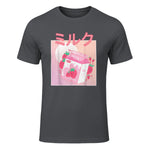 Funny Retro Nineties Japanese Kawaii Strawberry Milk Shake Carton T-Shirt in Charcoal - front view