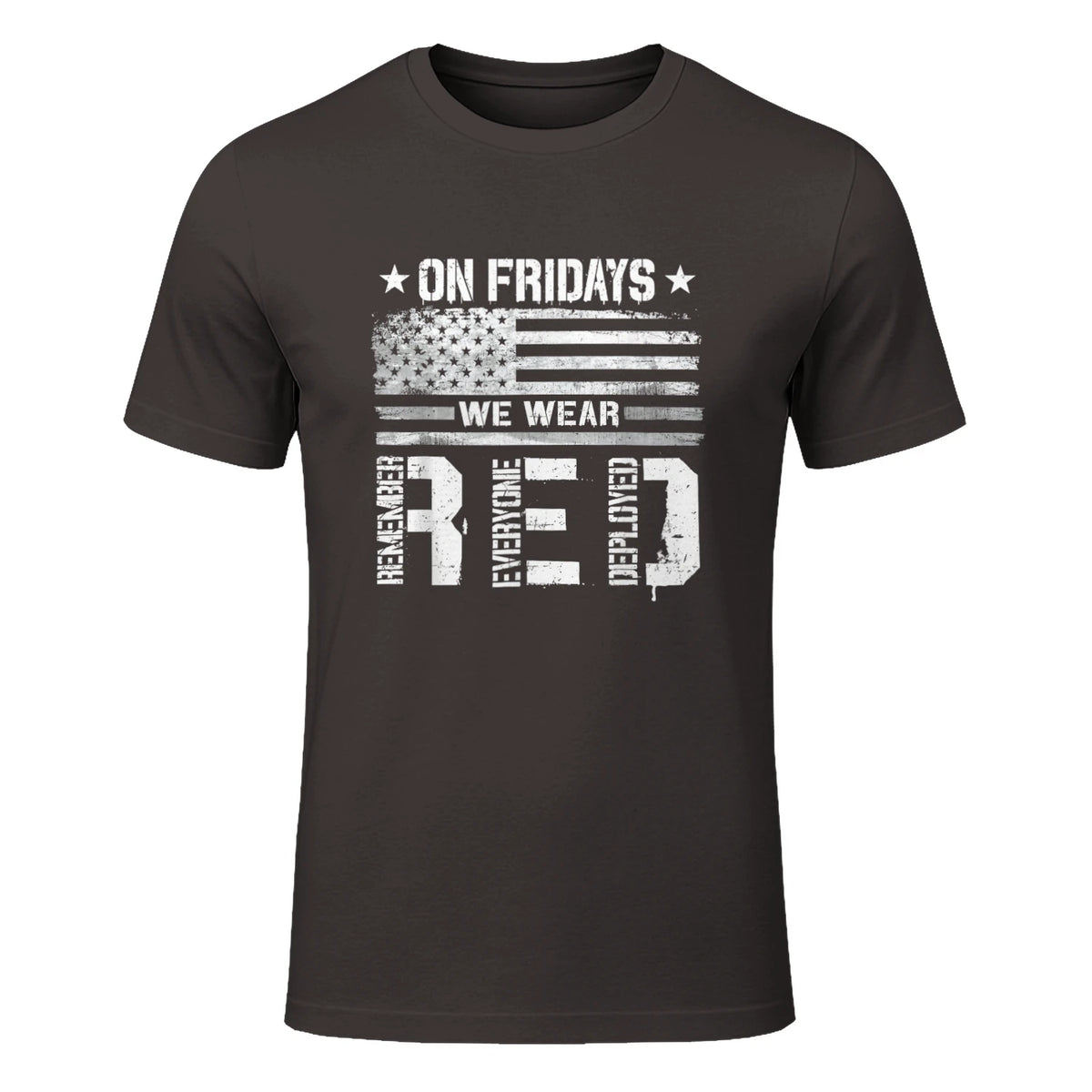 On Friday We Wear Red American Flag Military Supportive T-Shirt in Dark Chocolate - front view