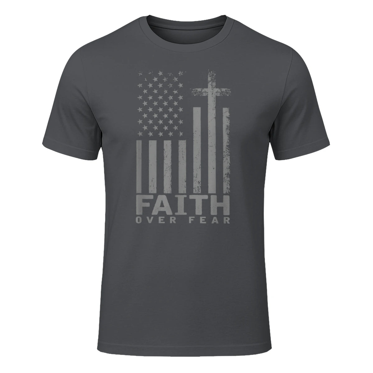 America Pride US Flag Faith Over Fear Prayer T-Shirt in Charcoal - front view
