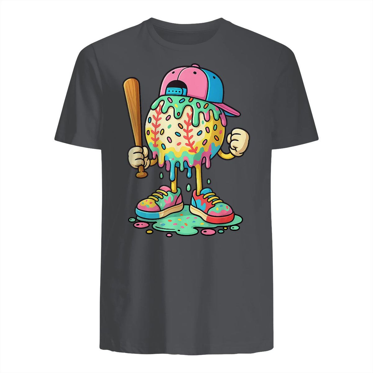 Baseball Drip for Boys Ice Cream Drip Baseball Sport T-Shirt in Charcoal - back view