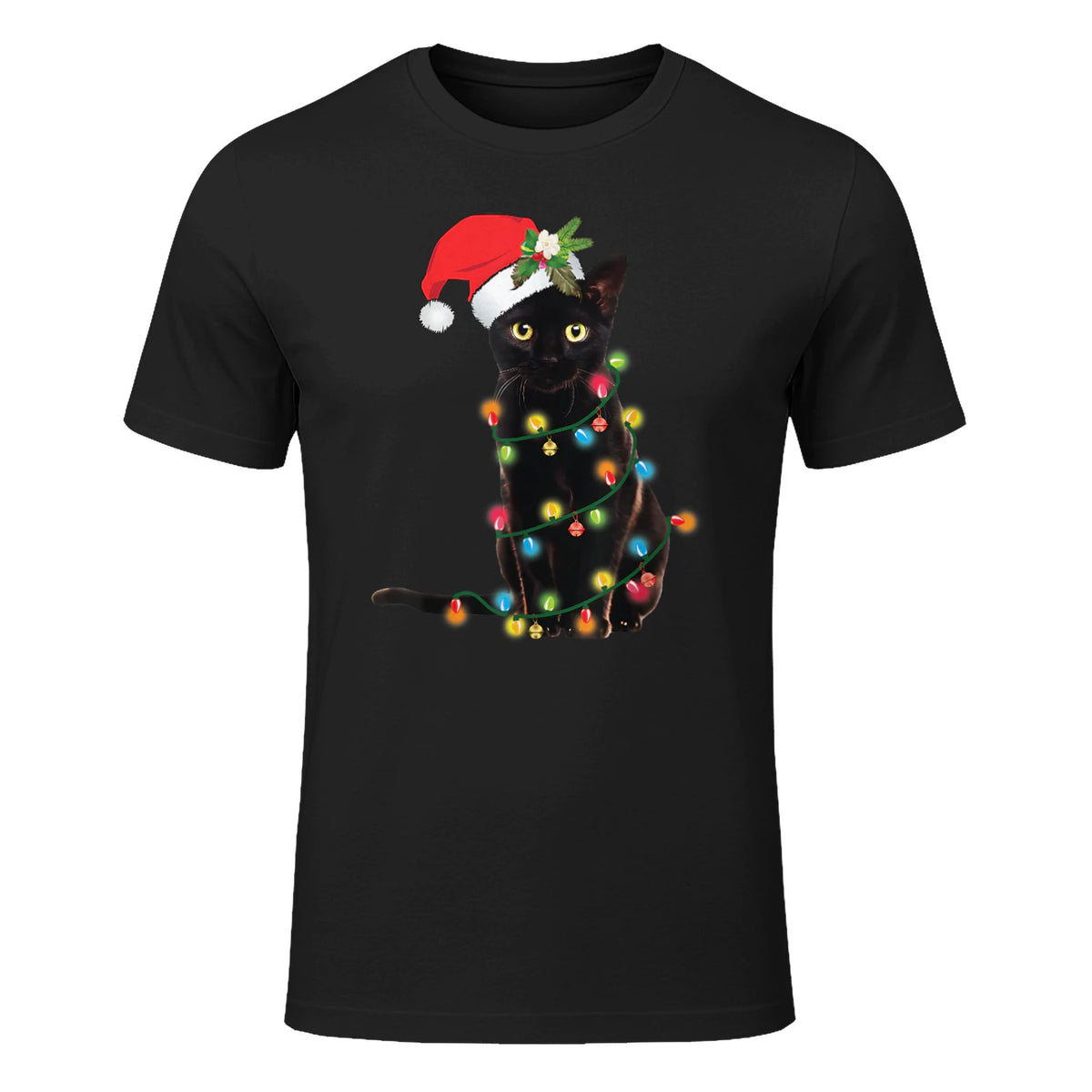 Santa Black Cat Tangled Up In Christmas Tree Lights Holiday in Black - front view